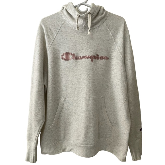 Champion Tops - Women’s Champion Powerblend Hoodie w/ Script Outline, Oatmeal Heather